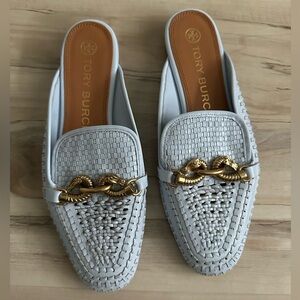 Tory Burch light blue Jessa woven backless loafer